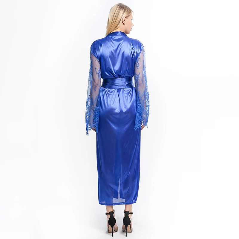 Robes Women Sleep Dress Ladies Sexy Sleepwear Female Lace Patchwork Long Bathrobes Nightgown Soft Silk Dressing Gown Bathrobe