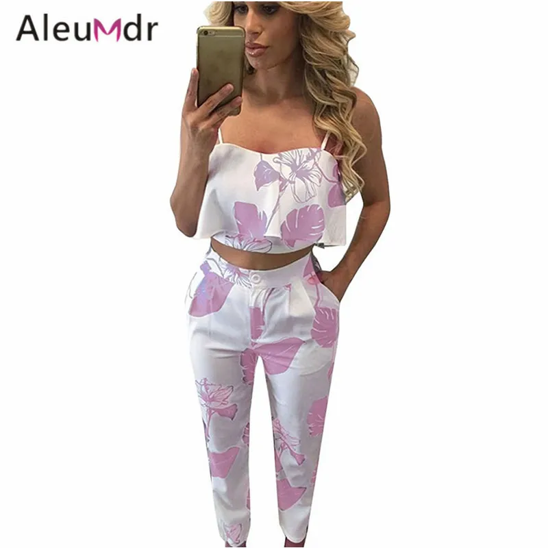 Aleumdr Мода Новый 2017 Из Двух Частей Набор Женщины Лето Синий пятнистый Печати Жабо