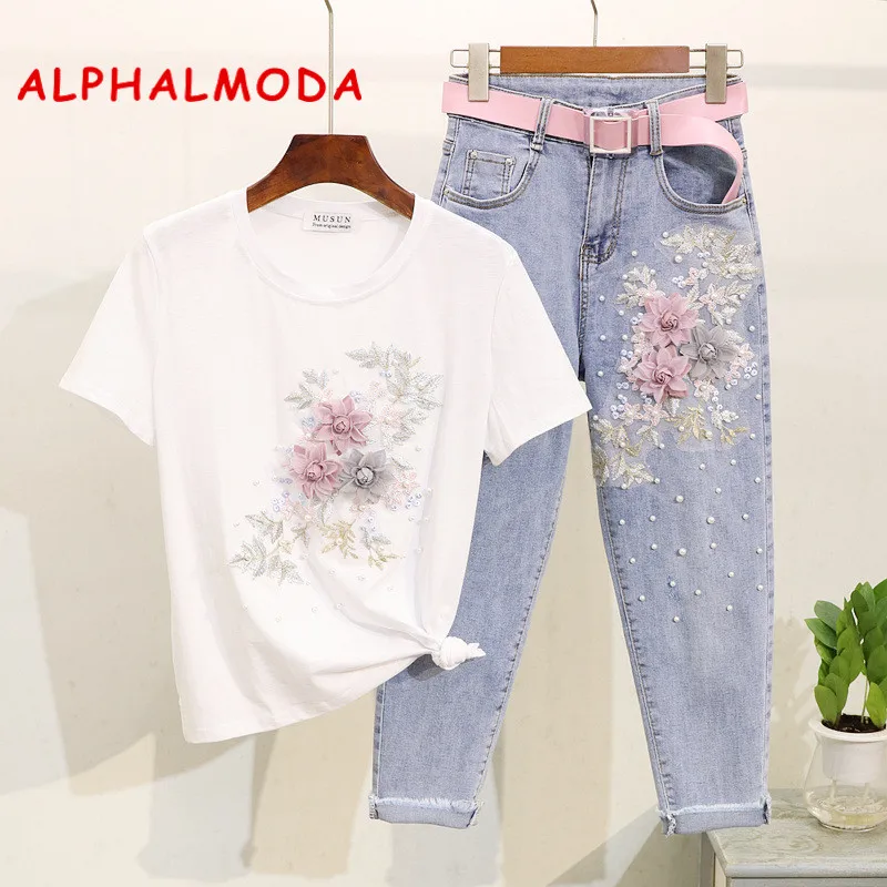 Футболка ALPHALMODA женская летняя с цветком и бусинами|Спортивные костюмы| |