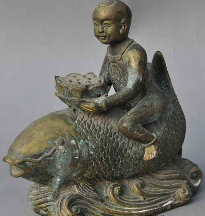 787 + 7 &quotСтарый китайский латунный по феншуй мальчик лад кататься рыбы держать
