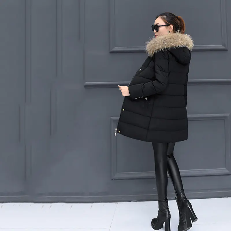 

Coats Winter New Women Slim Parkas Faux Fur Collar Female Long Down Cotton Jacket Hooded Overcoats Plus Size 4XL Red Black LQ336