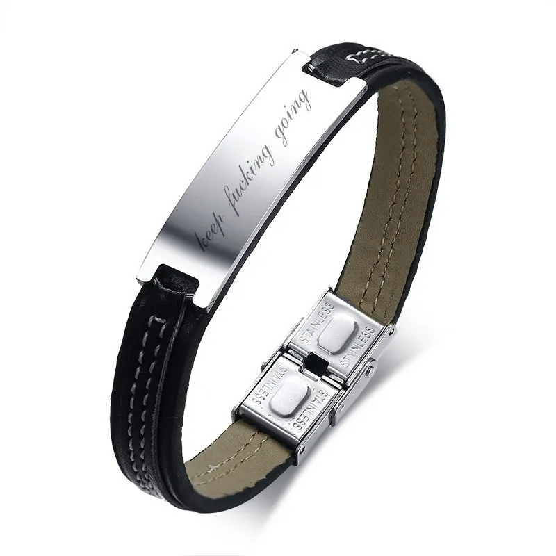 engraved 5 Вдохновляющие мужские персонализированные плетеные кожаные ID тег браслет из нержавеющей стали пользовательское имя логотип подарки для папы - Окраска металла: engraved 5