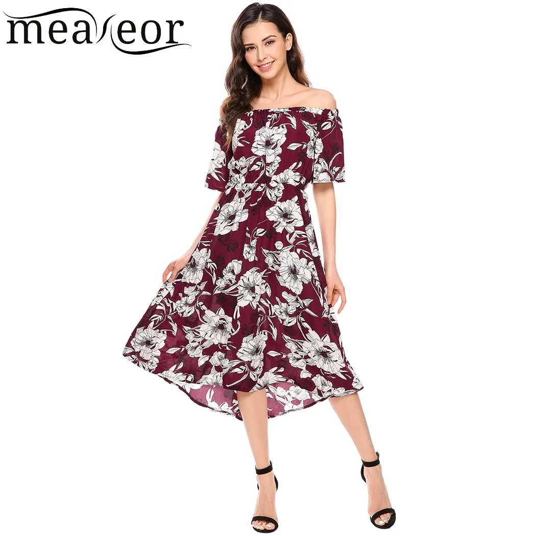 Meaneor Women Casual Slash Neck Off Shoulder Short Sleeve Dress Floral Prints A-Line Pleated Hem 2018 Summer New Ladies Dresses | Женская