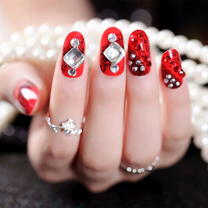 Women DIY Long Size Wedding False Nail Red Color Sexy Art Tips with Glue Shining Rhinestone Indian Fashion Fake Nails | Красота и