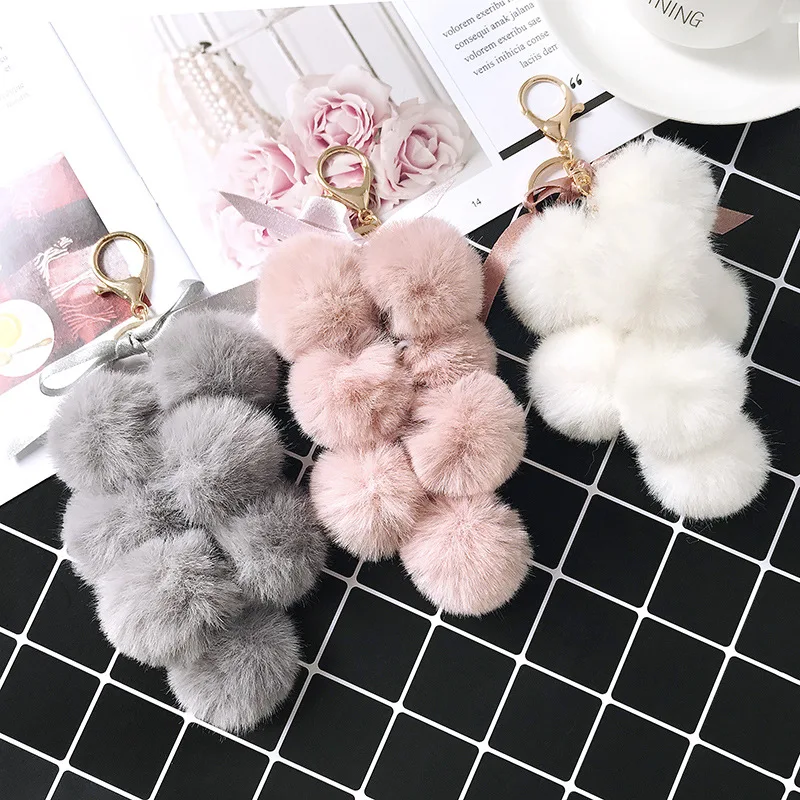 Fancy&Fantasy New Fruit Pom Pom Ball Key Chain Faux Rabbit Fur Pompom Grape Keychain Women Bag Pendant Charms Key Ring Llavero