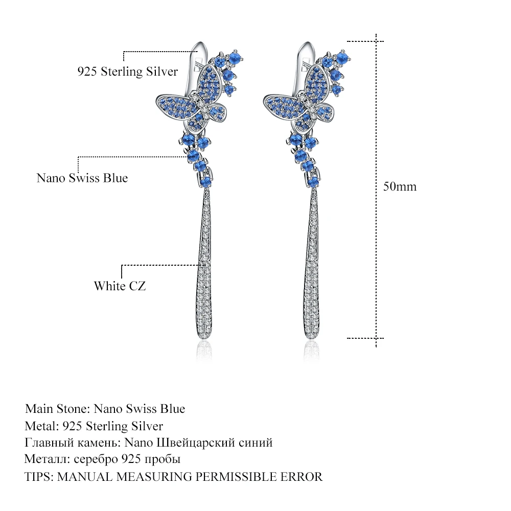 GEM'S BALLET Nano Blue Butterfly Long Drop Earrings 925 Sterling Sliver Vintage Romantic For Women Gift Party Jewelry | Украшения и