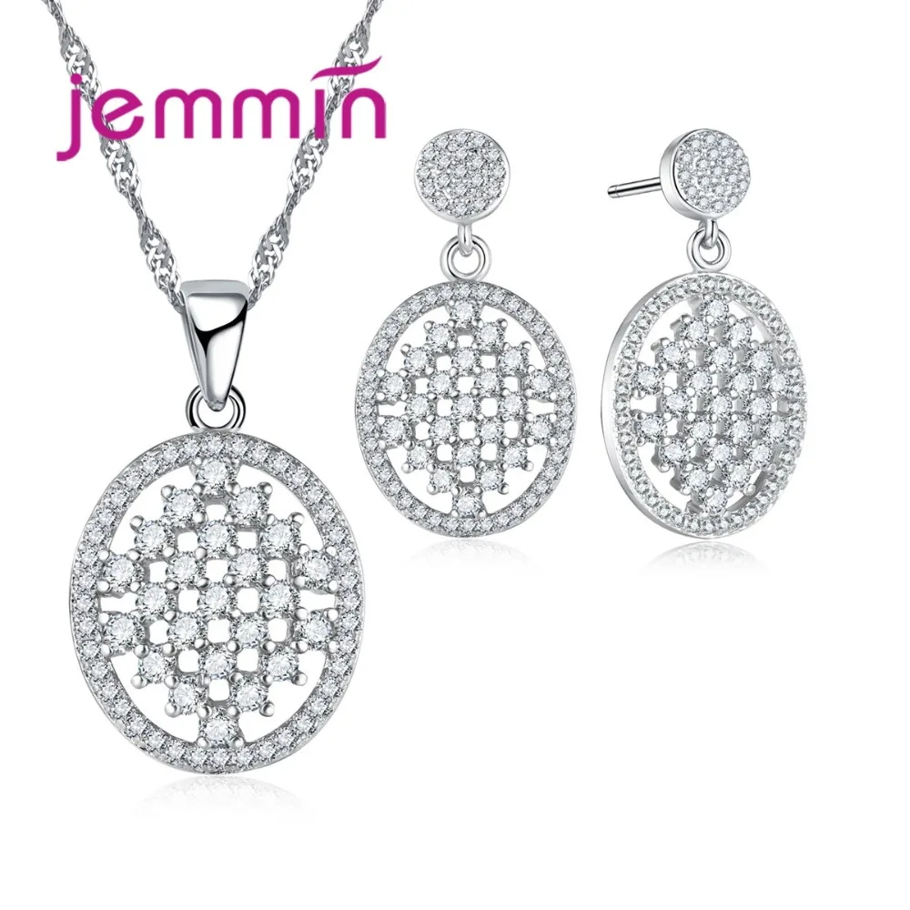 

Hot Oval Shape Hollow Out Full Clear Micro CZ Crystal Pendant Necklace Drop Earring Set 925 Sterling Silver Jewelry Sets