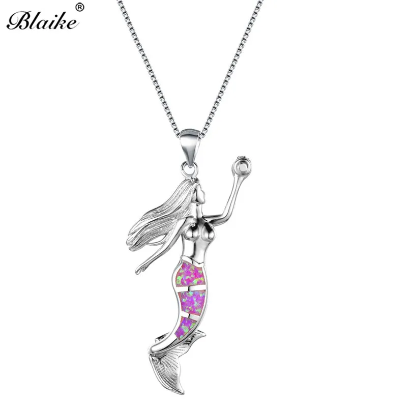 Purple Opal Necklace Blaike Красивая Русалка ожерелье зеленый/оранжевый/фиолетовый/Белый огненный опал кулон ожерелье для женщин 925 серебро - Окраска металла: Purple Opal Necklace