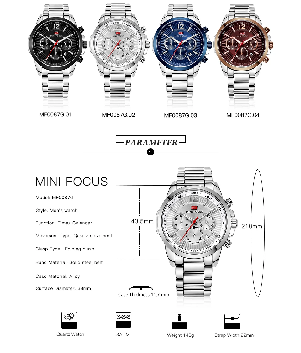 Мини фокус моды Chrono кварцевые часы Для мужчин Нержавеющая сталь ремень морской