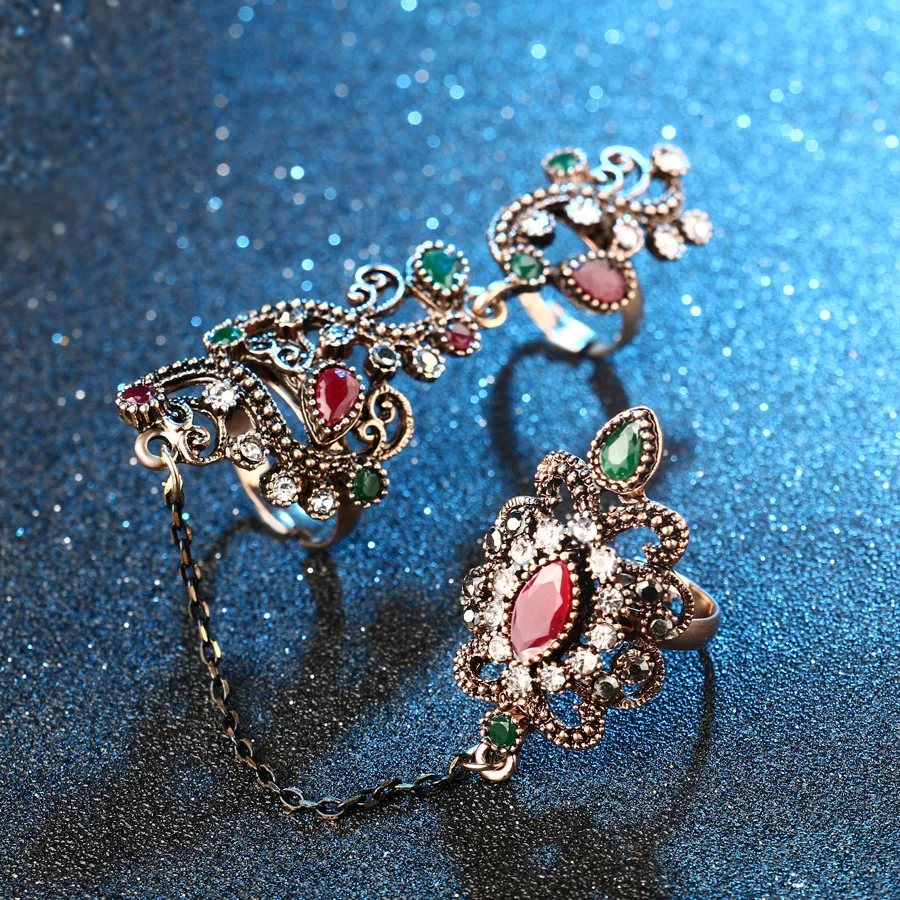 Кольцо женское винтажное регулируемое из черной смолы с цветочным узором кольца