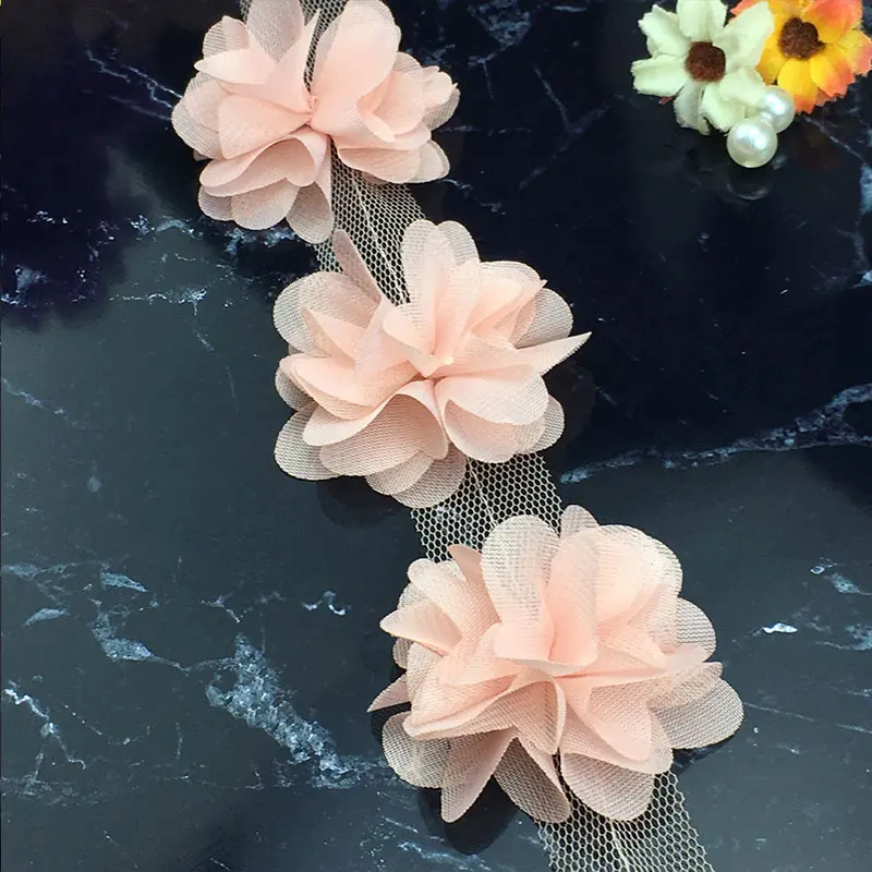 Shrimp pink Кружево Цветы Ткань Высокое качество Лидер продаж платье украшения шифон Аппликация Популярные 3D отделка 10 ярдов/рулон швейные принадлежности - Цвет: Shrimp pink
