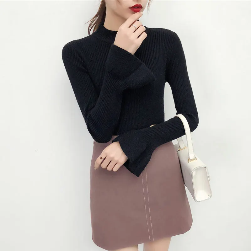 TAJIYANE Sweaters Women 2018 Autumn Korean Sweater Black Top Long Sleeve Half High Collar Knitted Sueter Mujer ZL181 | Женская одежда