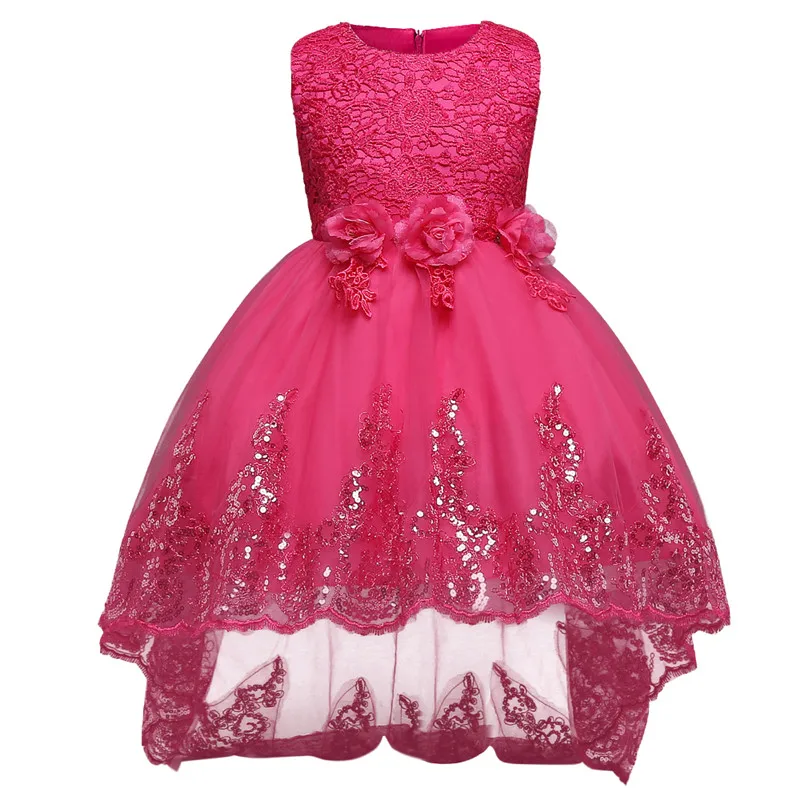 Платья с цветочной вышивкой для девочек; От 2 до 12 лет платье принцессы с аппликацией; одежда для торжественных мероприятий; детское свадебное кружевное платье - Цвет: rose red