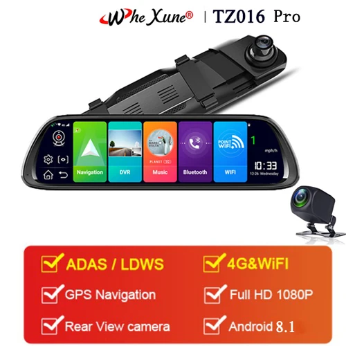 TZ016 Pro WHEXUNE, новинка, Android 8,1, Автомобильный видеорегистратор, камера, 10 дюймов, 4G, потоковое видео, зеркало заднего вида, gps навигация, регистратор, FHD 1080 P, двойной объектив - Название цвета: TZ016 Pro