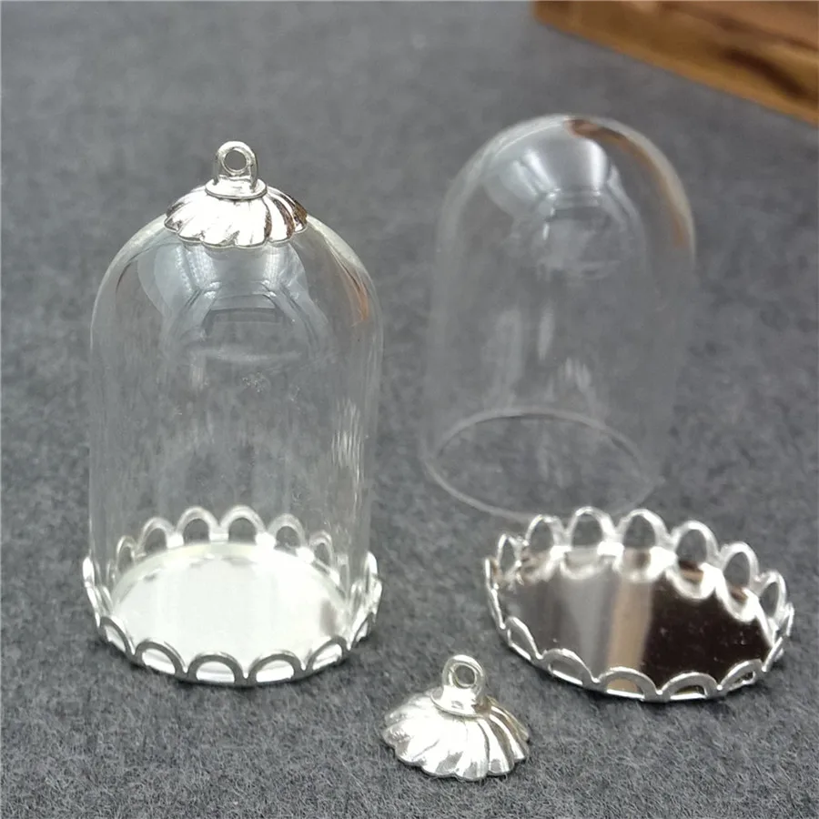 

5sets 30x20mm glass tube with silver color lace base with cap set no filler glass bottle vial pendant glass necklace charm