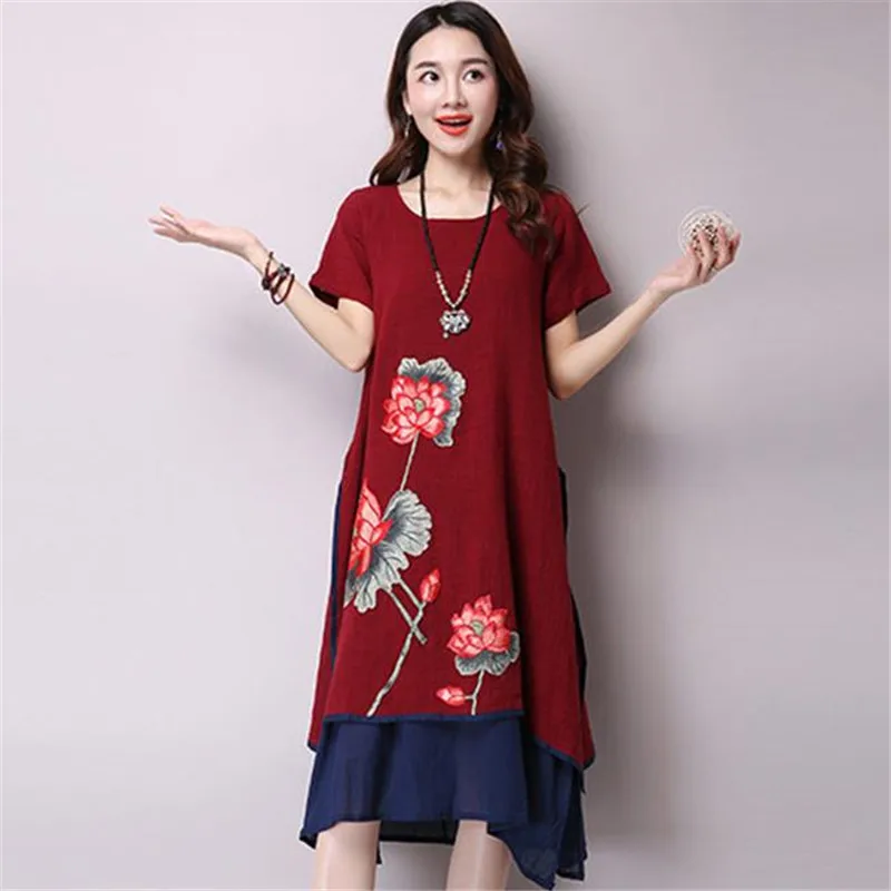 Женское винтажное платье с вышивкой длинное из хлопка и льна коротким рукавом