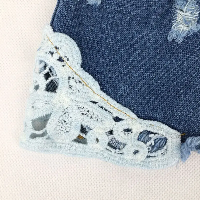 Летние кружевные шорты для девочек милые джинсовые с дырками короткие брюки