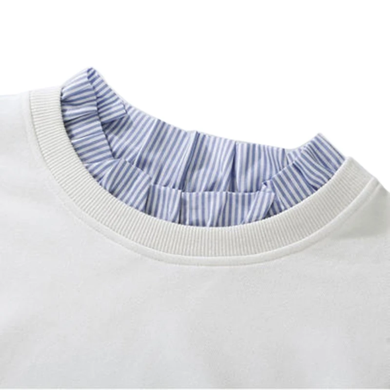 Fake 2-pieces Sweatshirt for Women Stylish Split Long Sleeve Striped Inside Autumn Winter Girls Sweet Loose Tops M-XXL | Женская одежда