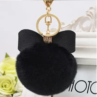 8cm real rabbit fur ball plush fur key chain pom pom keychain leather bowknot pompom car bag keychain key ring pendant jewelry