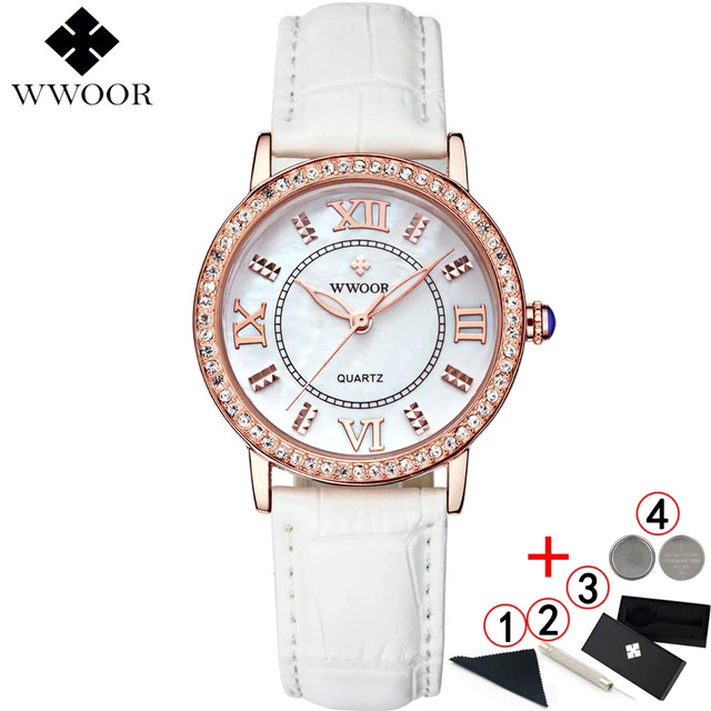 white gold box WWOOR платье часы для женщин Топ люксовый бренд Модные кожаные часы со стразами женские наручные часы красные часы Bayan Kol Saati - Цвет: white gold box