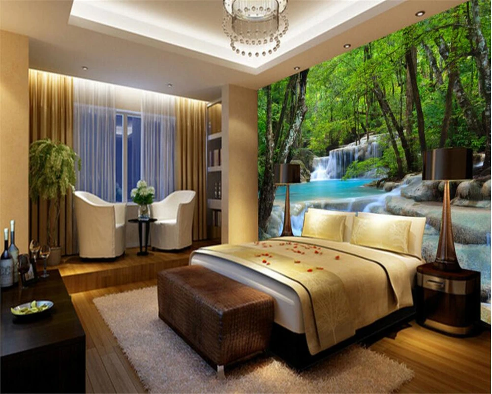 3D обои для гостиной спальни с объемным изображением лесных рек водопадов |