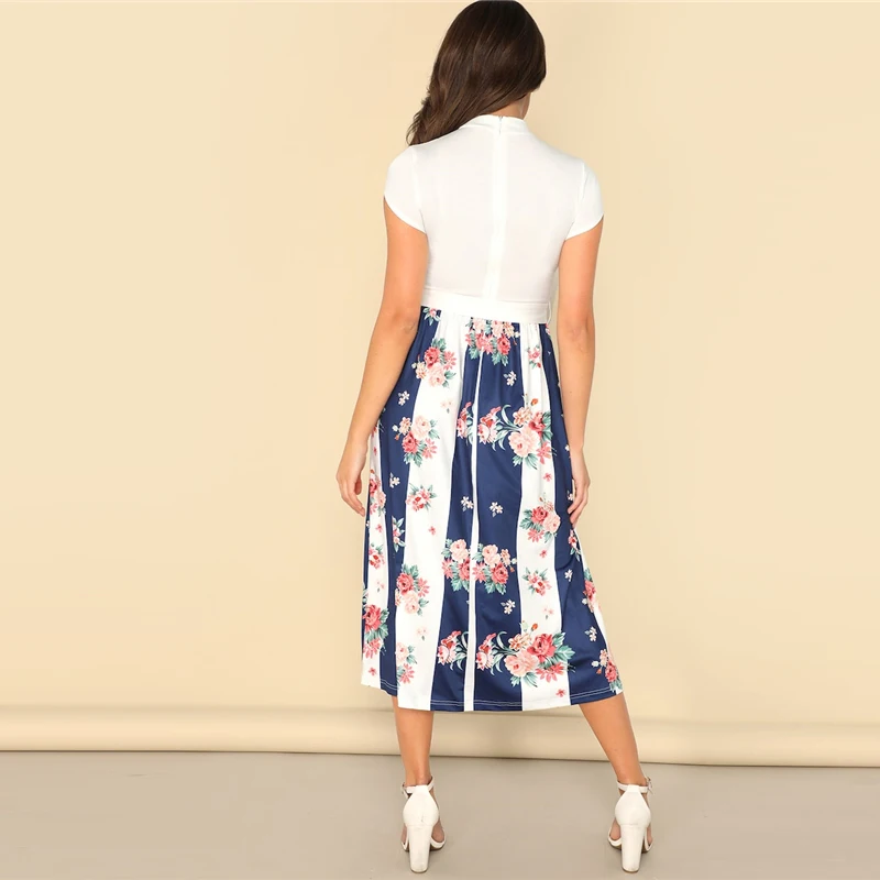 SHEIN Контрастное Цветочное Платье С Узлом И Стоячим Воротником Женское Летнее Многоцветное Повседневное Платье С Поясом