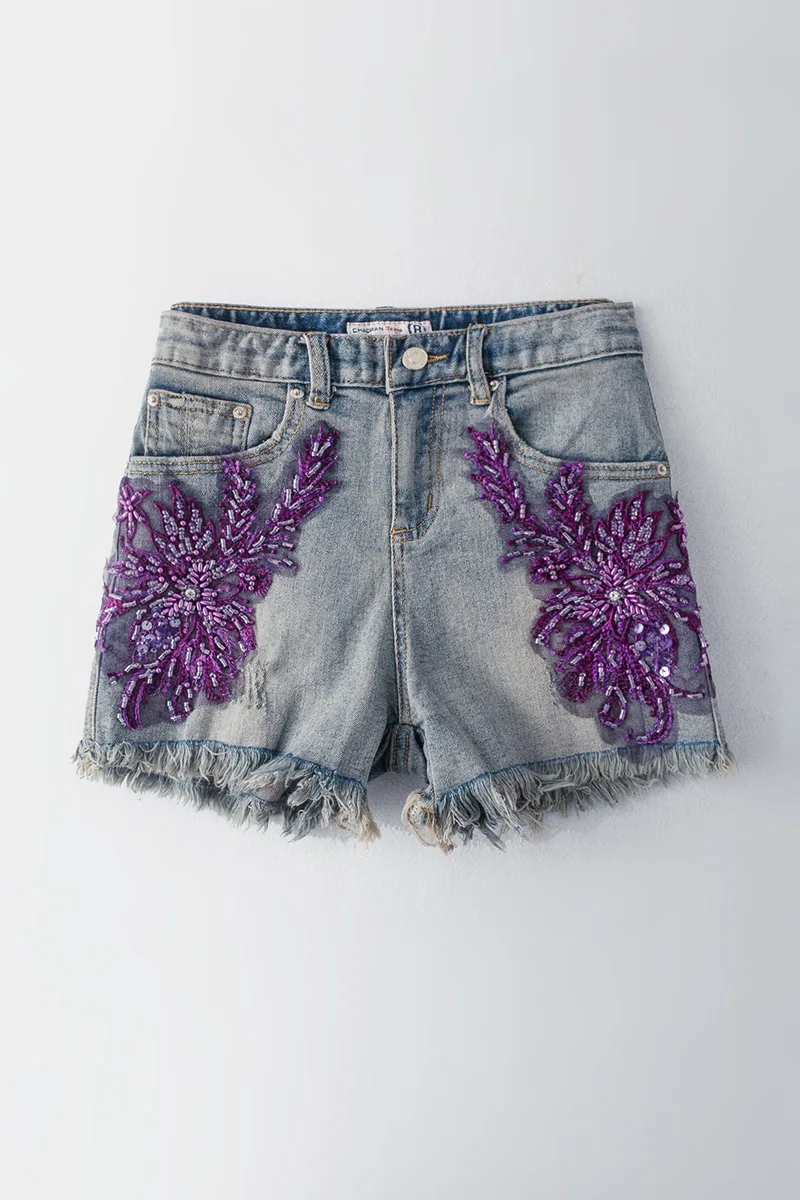 

Summer Casual Women's Beads Flower Embroidery Tassel Denim Shorts , Korea Glitters High Waisted Stretch Jean Shorts For Woman