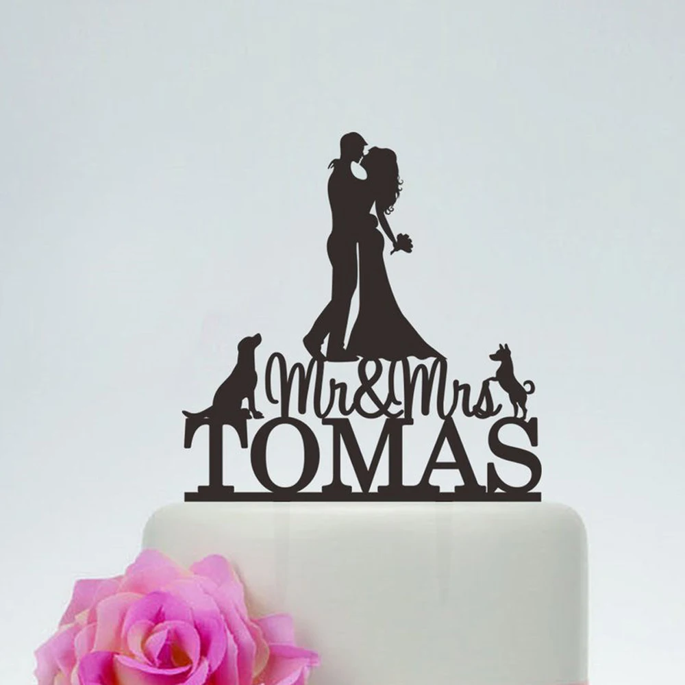 

Custom Personalized Mr&Mrs Last Name Wedding Cake Topper With Two Dogs, Bride And Groom Silhouette Wedding Cake Decoration