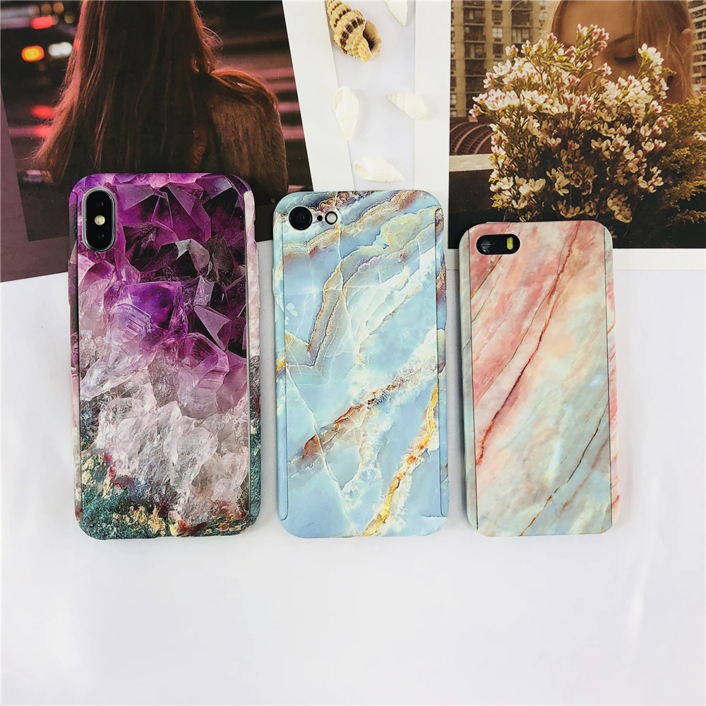 360 Degree Marble Stone Full Protective Hard Luxury Purple Diamond Case for IPhone 6 6S 7 8 Plus 5 SE X Gem Splice |