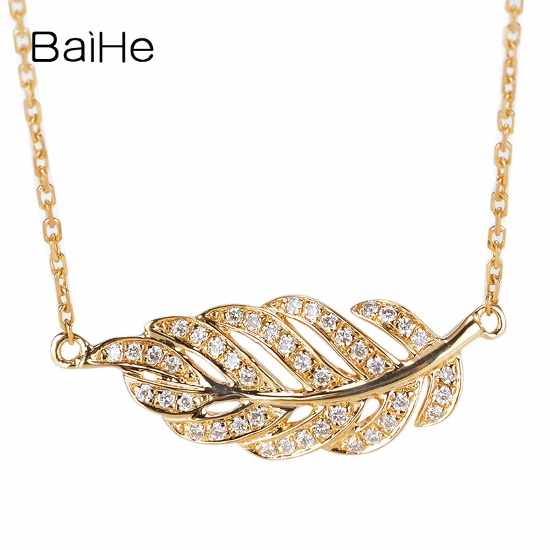 

BAIHE Solid 18K Yellow Gold 0.12ct H/SI Natural Diamonds Women Trendy Fine Jewelry Beautiful feather diamond gift Necklaces