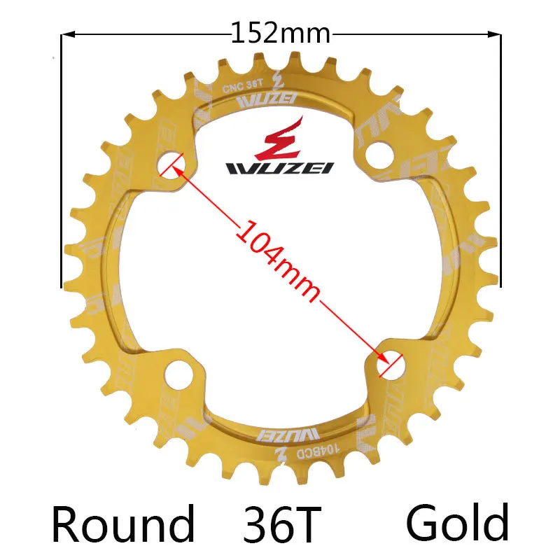 GOLD 36T ROUND Велосипедная круглая узкая широкая Звездочка WUZEI 32 T/34 T/36 T/38 T 104BCD, велосипедная звездочка, однопластинчатая звездочка - Цвет: GOLD 36T ROUND