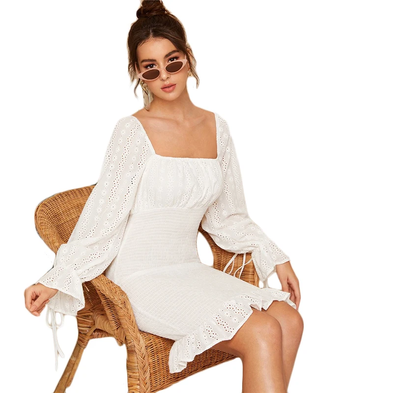 SHEIN Оригинальное Платье В Стиле 80-х С Квадратным Вырезом, Легкое Летнее Облегающее Платье С Ажурными Рукавами