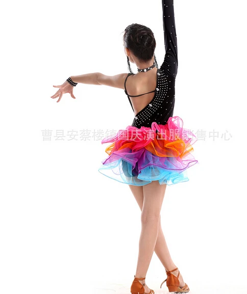 

Free shipping fashion gift rumba latin dance dress tango samba 100-160cm colorful professional girl child dress black costume