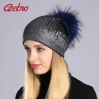 geebro winter womens print silvergold beanies hat casual warm knitted wool beanies with raccoon fur pom pom gs066