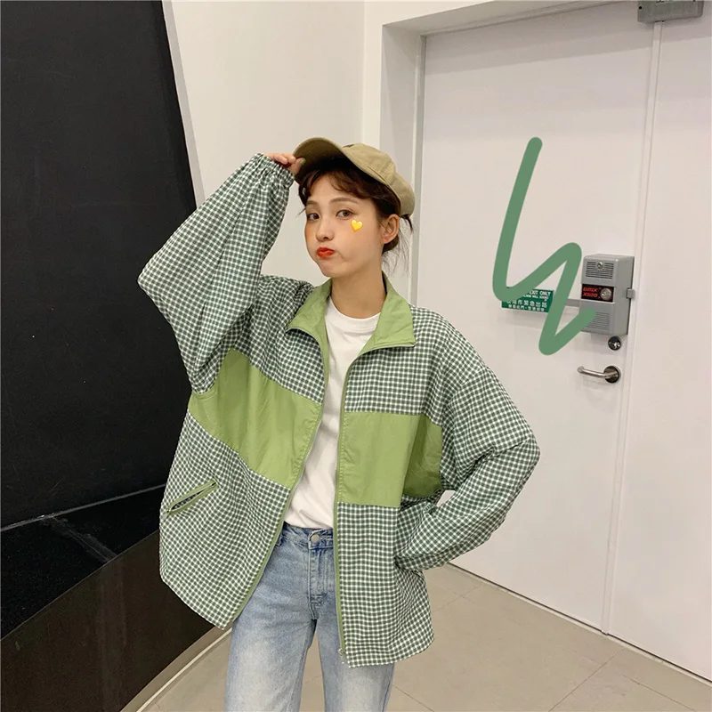Женские куртки в клетку BF корейский Harajuku Ulzzang стиль с длинным рукавом Повседневная Женская Базовая куртка Универсальная Высокое качество свободные трендовые