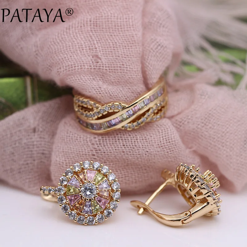 PATAYA, новинка 585, розовое золото, цветной квадратный круглый натуральный циркон, висячие серьги, кольца, наборы, для женщин, роскошный, прекрасный, свадебный ювелирный набор