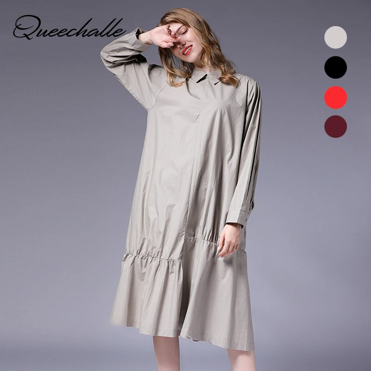 Queechalle XL 4XL Plus Size Mid Long Shirt Dress Autumn Solid Sleeve Loose A line for Women Gray Mulberry Red Black|Женские платья| |