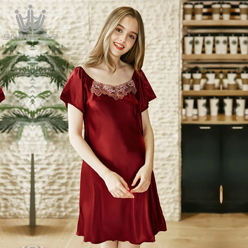 

Women Sexy Silk Night Dress Short Sleeve Sleepwear Ladies Sexy Lace Nightwear V-neck Nightgown Large Size Satin Nightdress