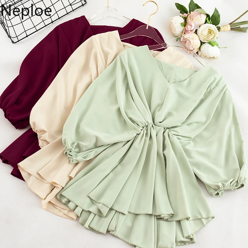 Neploe однотонная женская блузка лето 2019 Новинка v-образный вырез фонарь рукав Blusa
