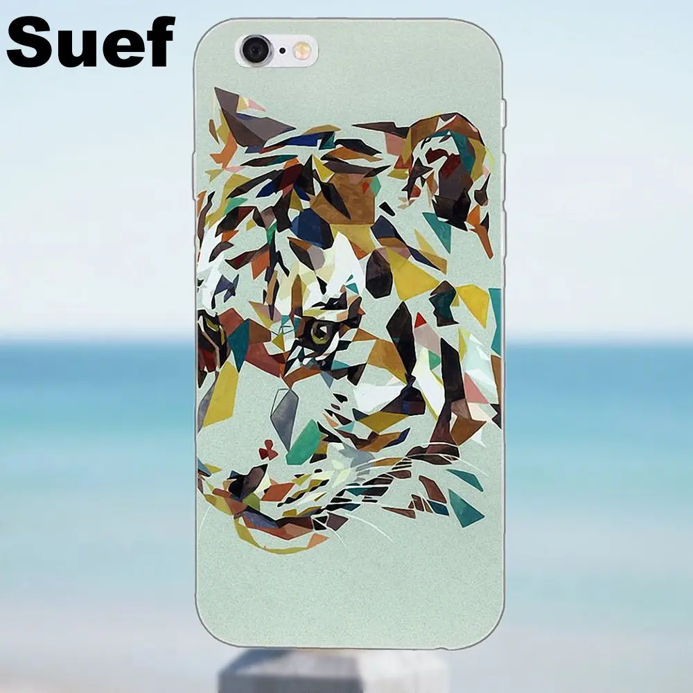 Suef Мягкий ТПУ чехол геометрический Тигр для iPhone 4 4S 5 5S 5C SE 6 6S 7 8 Plus X Samsung Galaxy J1 J3 J5 J7 A3