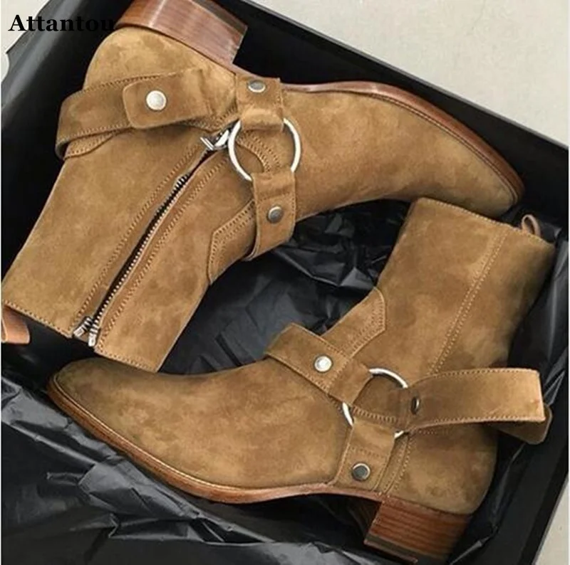 Attantou Tan/Black Suede Leather Chains Harness Men Boots Stacked Heel Anke Side Zip Fashion Chelsea Shoes | Обувь