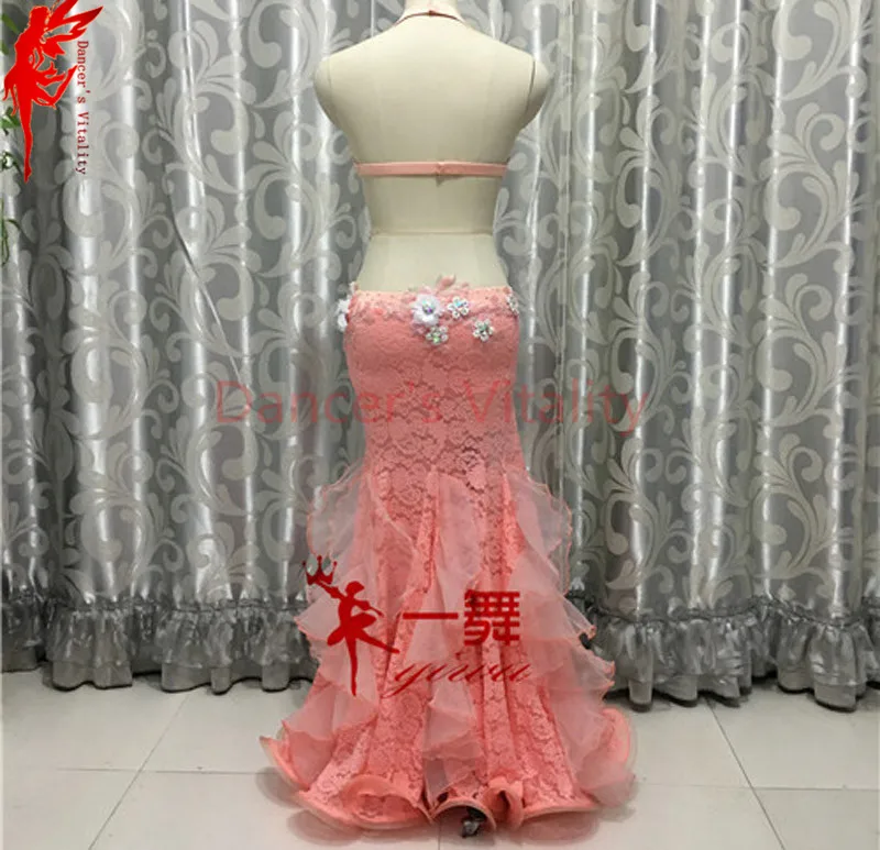 

Belly dance clothes flowers bra top and long skirt 2pcs girls latin dance dress Salsa ballroom Samba dance exercise sets costume