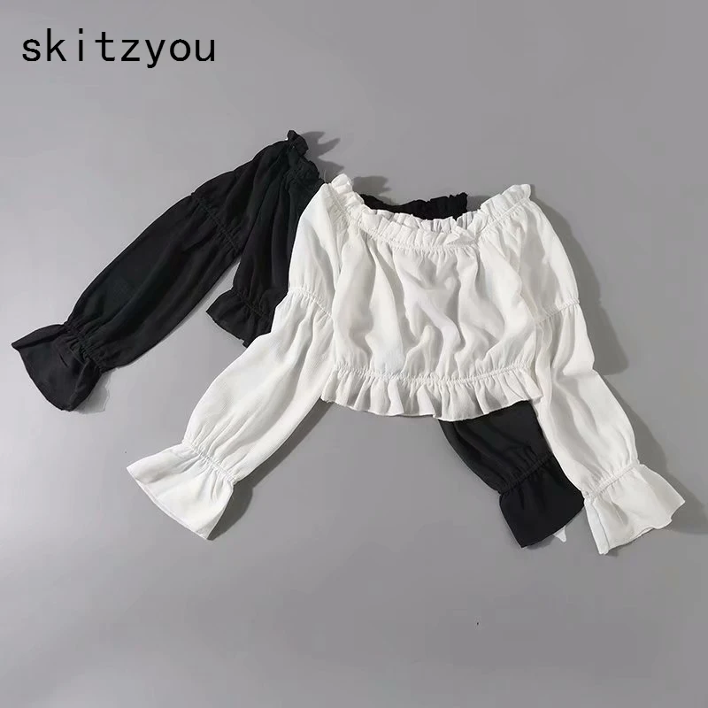 Женская блузка с открытыми плечами skitzyou белая длинным рукавом Винтажная летняя