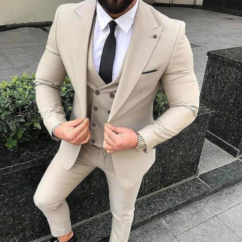 Изготовленный на заказ бежевый мужские свадебные костюмы Slim Fit жених смокинг-пиджак куртка 3 шт Последние пальто брюки дизайнерский костюм Homme Ternos