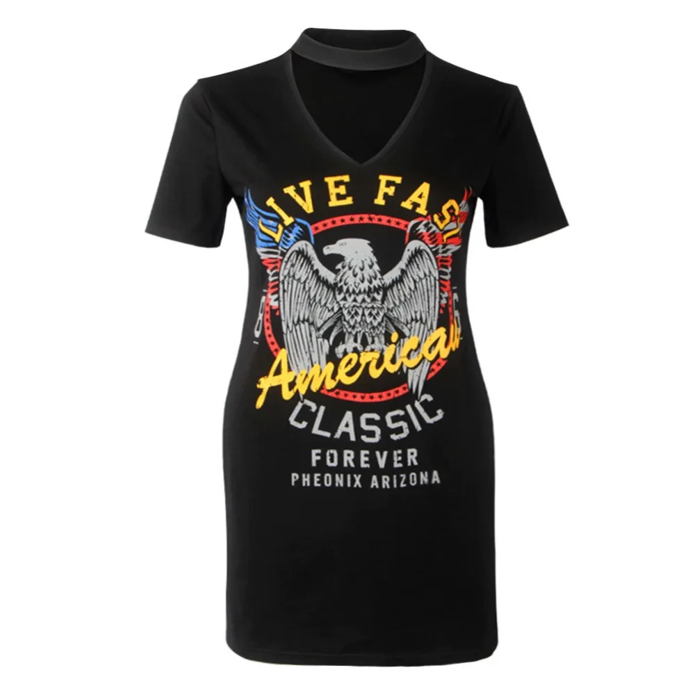 Women Dress Black T shirt V-Neck Short Sleeve Eagle Print Harajuku T-shirt Hanging Neck Party Street Style | Женская одежда