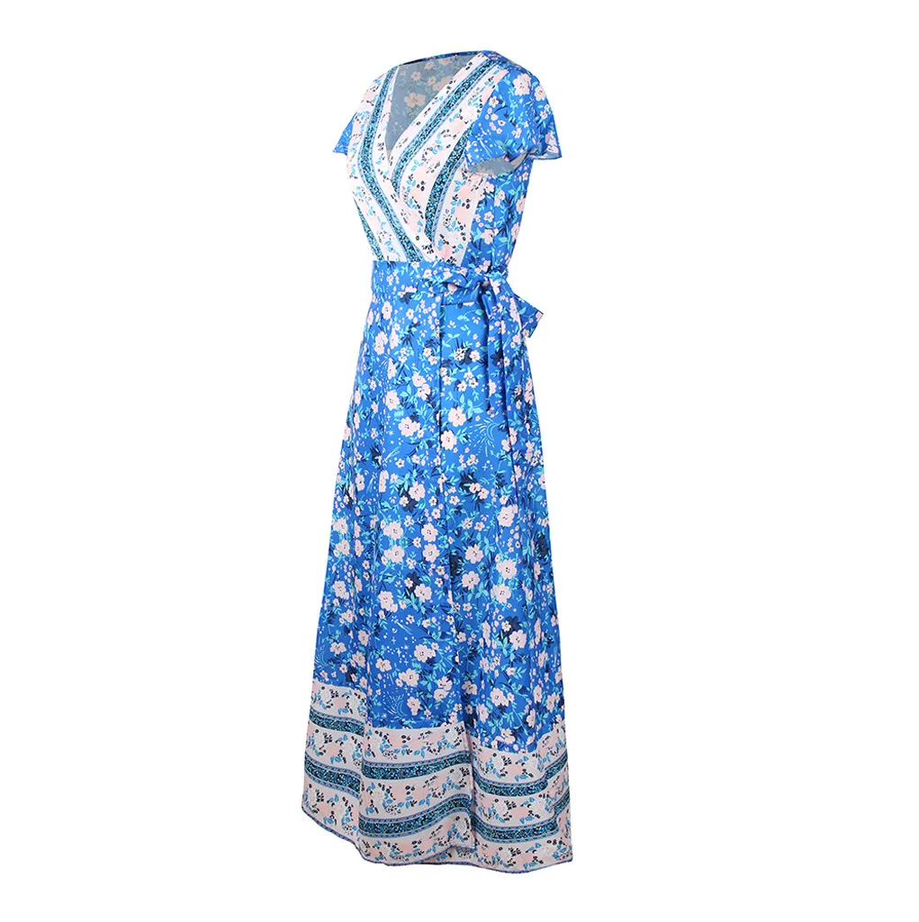 Свободное женское платье из страуса, бохо, длинное, VNeck, цветочное, синее, вечернее пляжное платье, сарафан, растущее, свежее, модное, женское платье, летнее