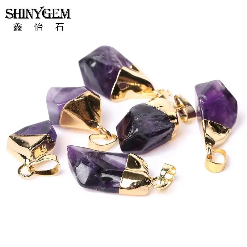 ShinyGem случайно 15 30 мм натуральный аметист кулон Золотое покрытие фиолетовый