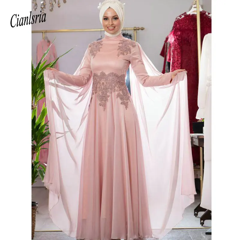 

Мусульманские розовые вечерние платья с запахом, платья с высоким воротником, аппликацией и длинным рукавом для Среднего Востока, платья дл...