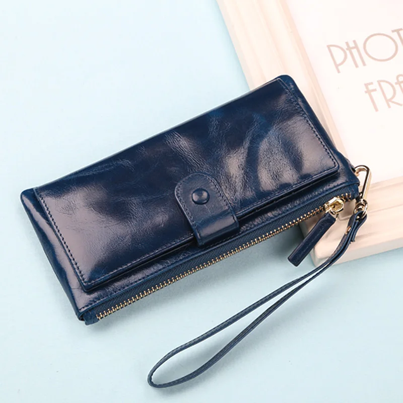 Best Quality! Women Oil Wax Genuine Cowhide Leather Long Zipper Wallet Lady Fashion Clutch Purse Bag With Strap 7 colors 2153|long zipper