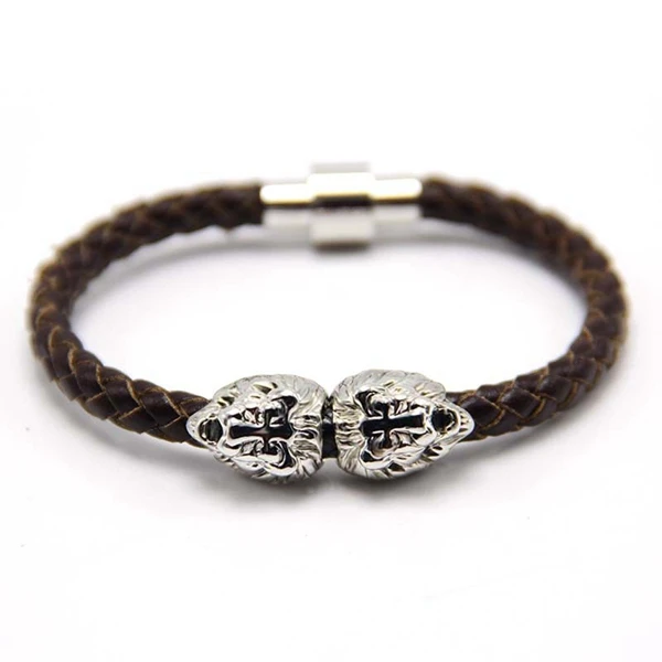 

Dubai New Arrive Men Silver Twins Lion Head with Fashion Brown Genuine Leather Bracelet for Men